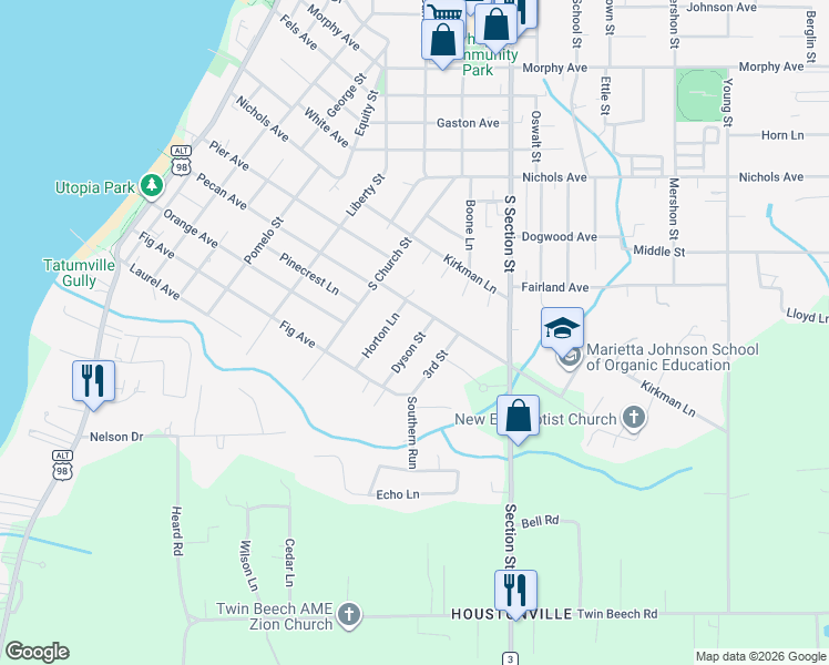 map of restaurants, bars, coffee shops, grocery stores, and more near 504 Dyson Street in Fairhope