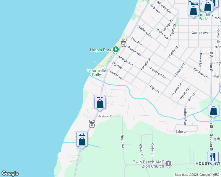 map of restaurants, bars, coffee shops, grocery stores, and more near 126 Paddock Drive in Fairhope