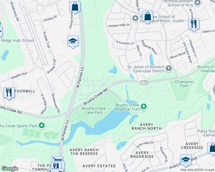 map of restaurants, bars, coffee shops, grocery stores, and more near 11400 West Parmer Lane in Cedar Park