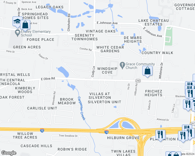 map of restaurants, bars, coffee shops, grocery stores, and more near 8103 Stonebrook Drive in Pensacola