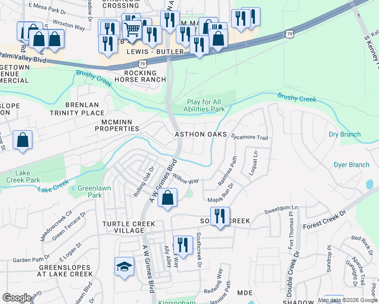 map of restaurants, bars, coffee shops, grocery stores, and more near 313 Creek Ridge Lane in Round Rock