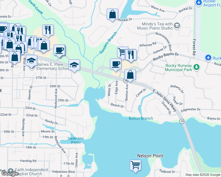 map of restaurants, bars, coffee shops, grocery stores, and more near 245 White Street in Niceville