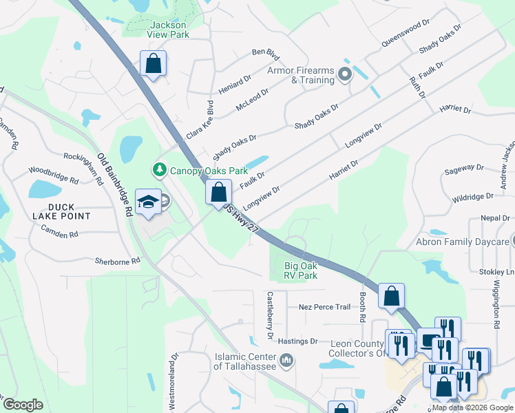 map of restaurants, bars, coffee shops, grocery stores, and more near 2149 Longview Drive in Tallahassee