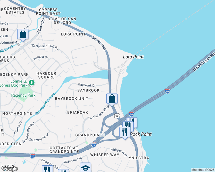 map of restaurants, bars, coffee shops, grocery stores, and more near 4679 Baybrook Drive in Pensacola