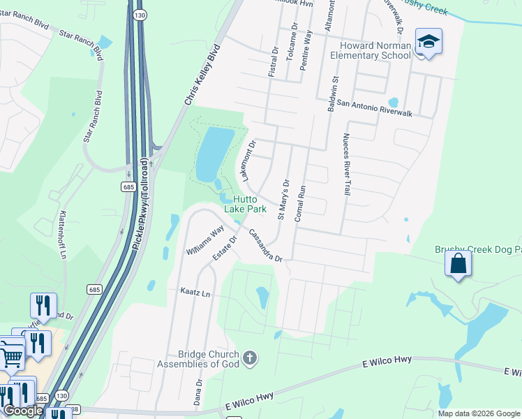 map of restaurants, bars, coffee shops, grocery stores, and more near 105 Lakemont Drive in Hutto