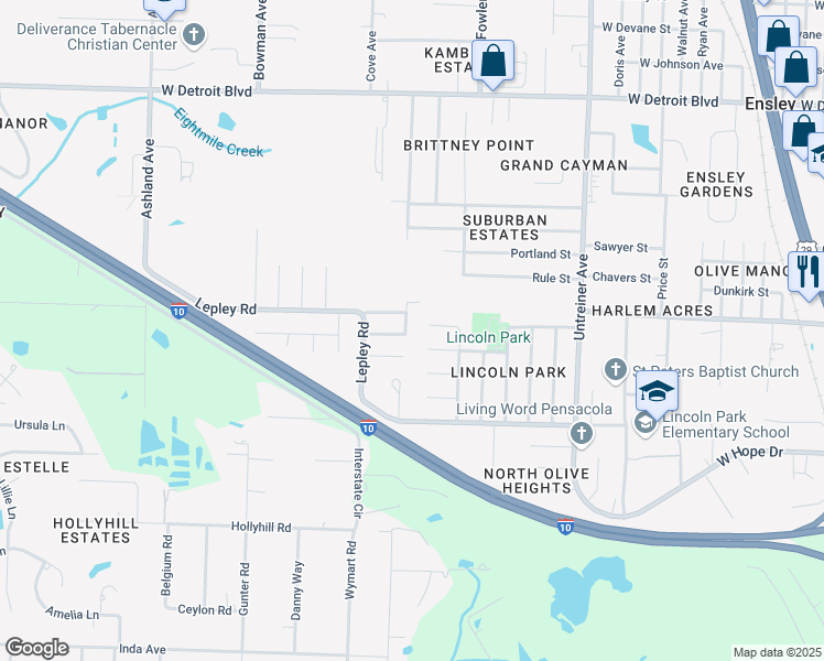 map of restaurants, bars, coffee shops, grocery stores, and more near 7820 Irving Avenue in Pensacola
