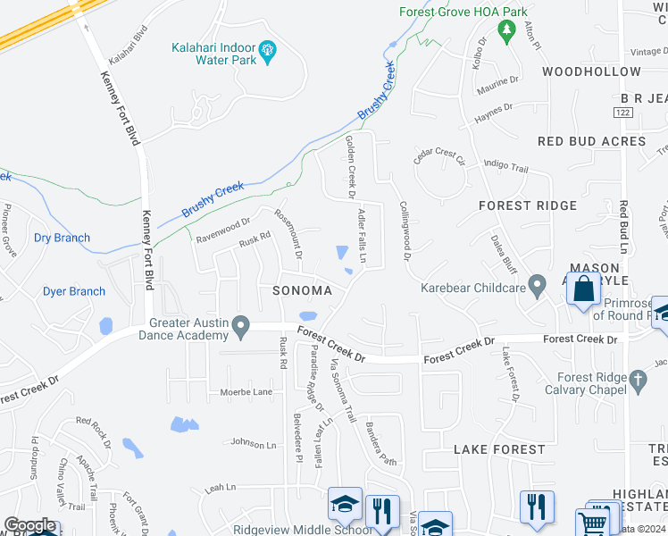 map of restaurants, bars, coffee shops, grocery stores, and more near 2804 Barefoot Lane in Round Rock