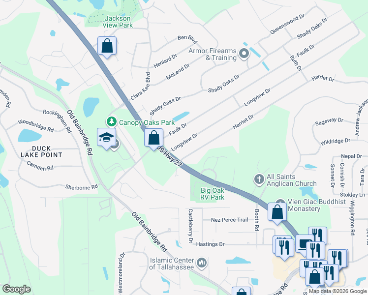 map of restaurants, bars, coffee shops, grocery stores, and more near 2149 Longview Drive in Tallahassee