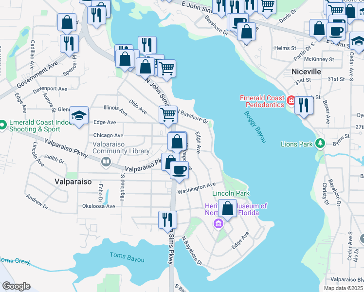 map of restaurants, bars, coffee shops, grocery stores, and more near 243 Chicago Avenue in Valparaiso