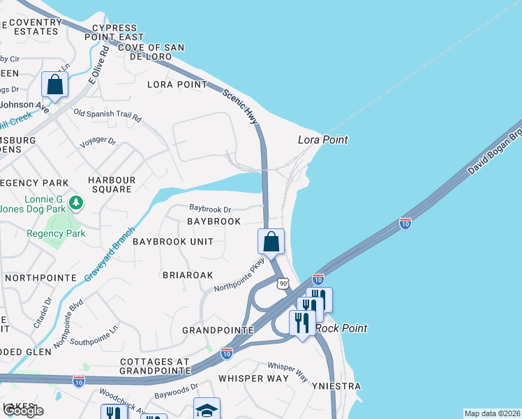 map of restaurants, bars, coffee shops, grocery stores, and more near 4679 Baybrook Drive in Pensacola