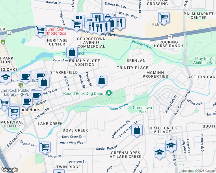 map of restaurants, bars, coffee shops, grocery stores, and more near 1201 East Main Street in Round Rock