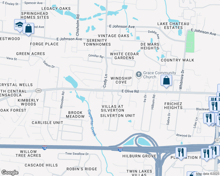 map of restaurants, bars, coffee shops, grocery stores, and more near 8105 Stonebrook Drive in Pensacola