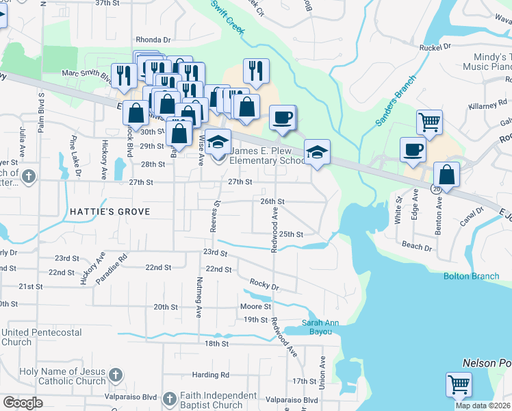 map of restaurants, bars, coffee shops, grocery stores, and more near 1627 26th Street in Niceville