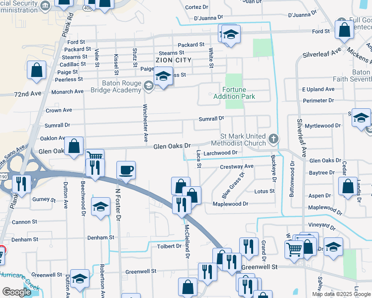 map of restaurants, bars, coffee shops, grocery stores, and more near 5620 Glen Oaks Drive in Baton Rouge