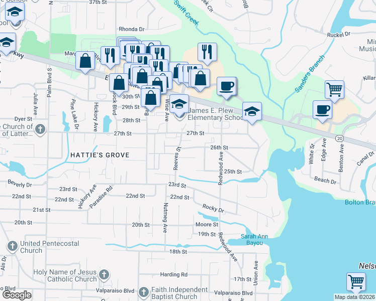 map of restaurants, bars, coffee shops, grocery stores, and more near 1605 26th Street in Niceville