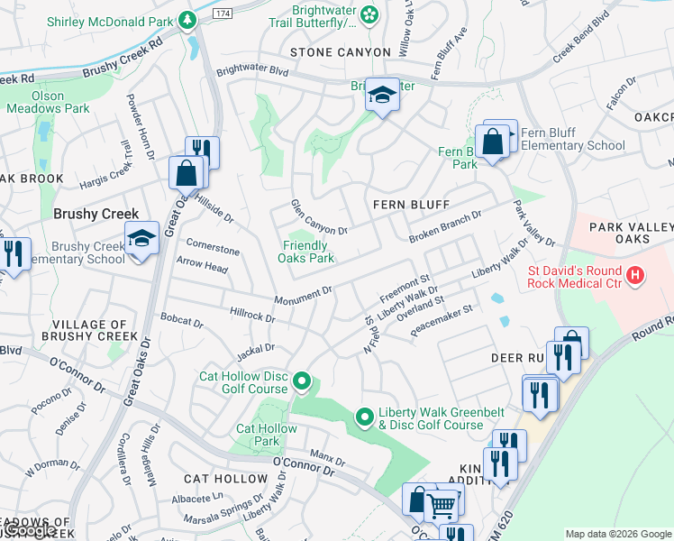 map of restaurants, bars, coffee shops, grocery stores, and more near 8413 Priest River Drive in Round Rock