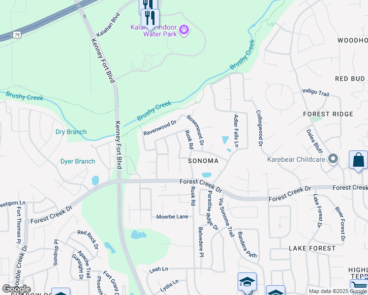 map of restaurants, bars, coffee shops, grocery stores, and more near 832 Rusk Road in Round Rock