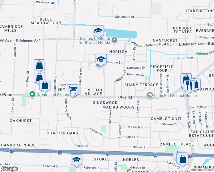 map of restaurants, bars, coffee shops, grocery stores, and more near 8118 Yancey Lane in Pensacola
