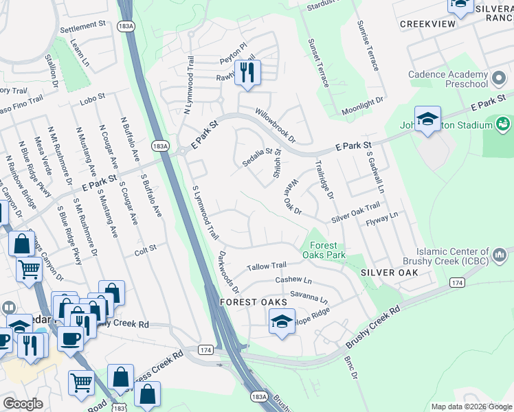 map of restaurants, bars, coffee shops, grocery stores, and more near 1021 Bretton Woods Drive in Cedar Park