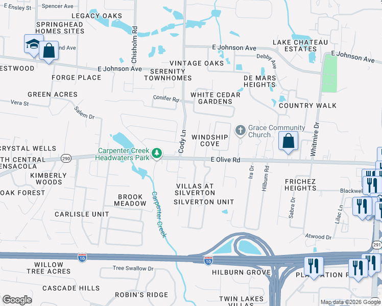 map of restaurants, bars, coffee shops, grocery stores, and more near 8111 Stonebrook Drive in Pensacola