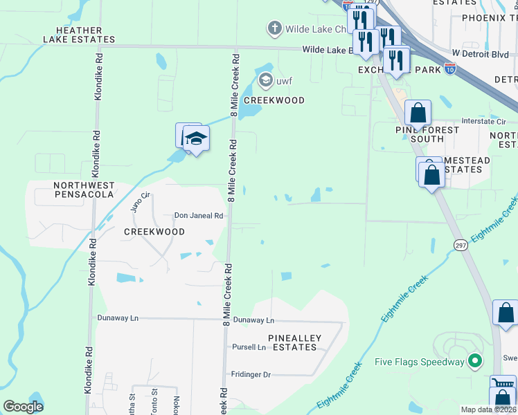 map of restaurants, bars, coffee shops, grocery stores, and more near 8140 8 Mile Creek Road in Pensacola
