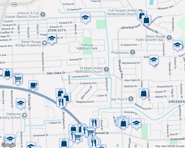 map of restaurants, bars, coffee shops, grocery stores, and more near 5978 Glen Oaks Drive in Baton Rouge