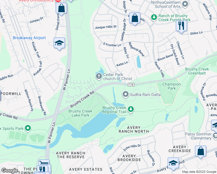 map of restaurants, bars, coffee shops, grocery stores, and more near 3600 Brushy Creek Road in Cedar Park