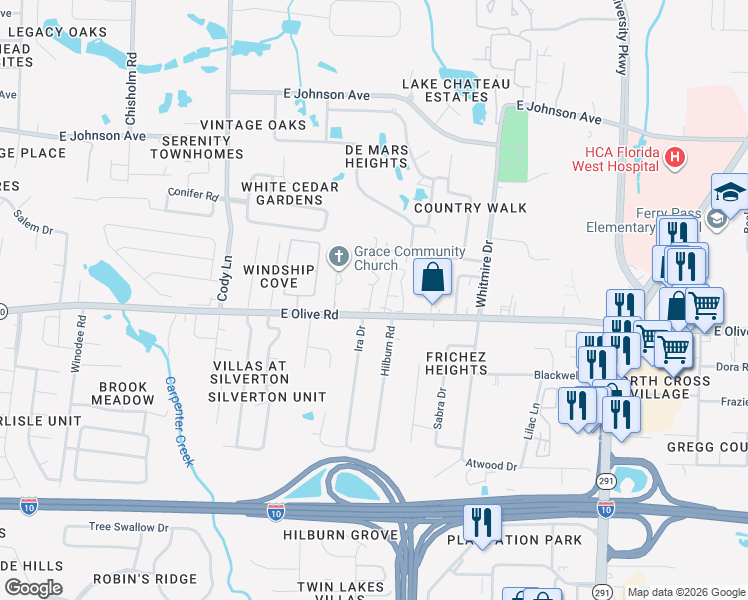 map of restaurants, bars, coffee shops, grocery stores, and more near 1306 E Olive Rd in Pensacola