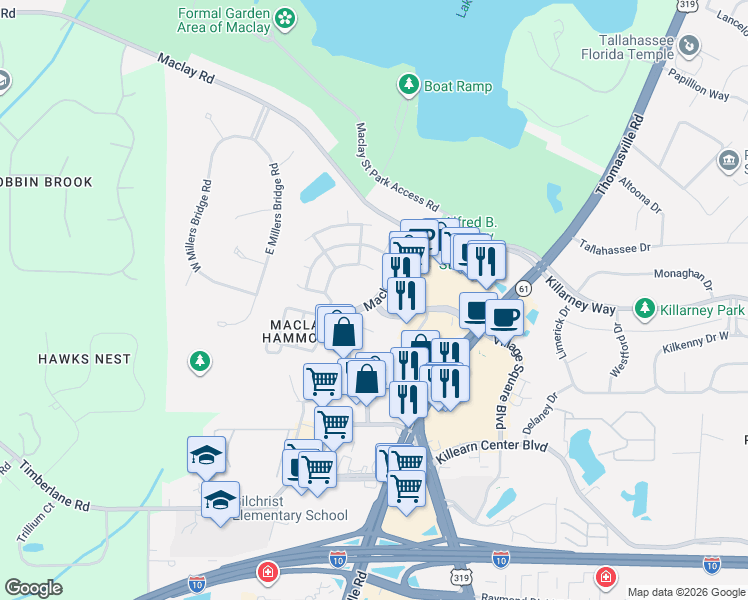 map of restaurants, bars, coffee shops, grocery stores, and more near 3544 Maclay Boulevard in Tallahassee
