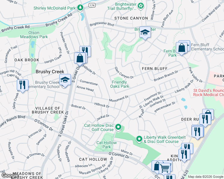 map of restaurants, bars, coffee shops, grocery stores, and more near 8525 Priest River Drive in Round Rock