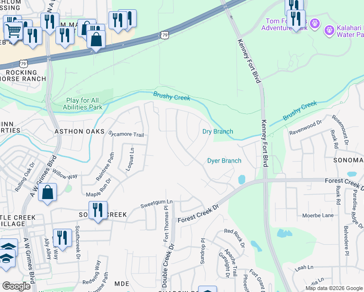 map of restaurants, bars, coffee shops, grocery stores, and more near 822 Kenney Fort Crossing in Round Rock