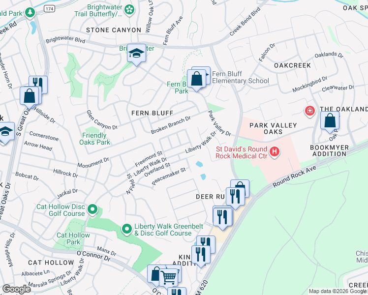 map of restaurants, bars, coffee shops, grocery stores, and more near 2977 Freemont Street in Round Rock