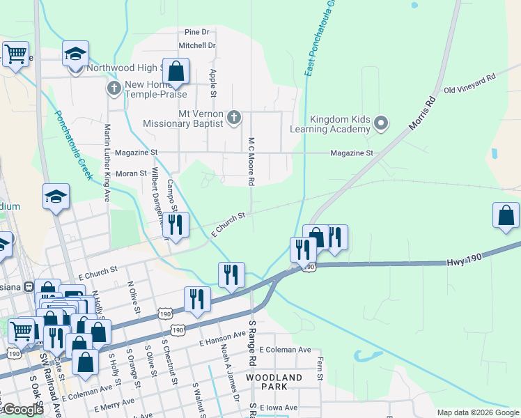 map of restaurants, bars, coffee shops, grocery stores, and more near 508 M C Moore Road in Hammond