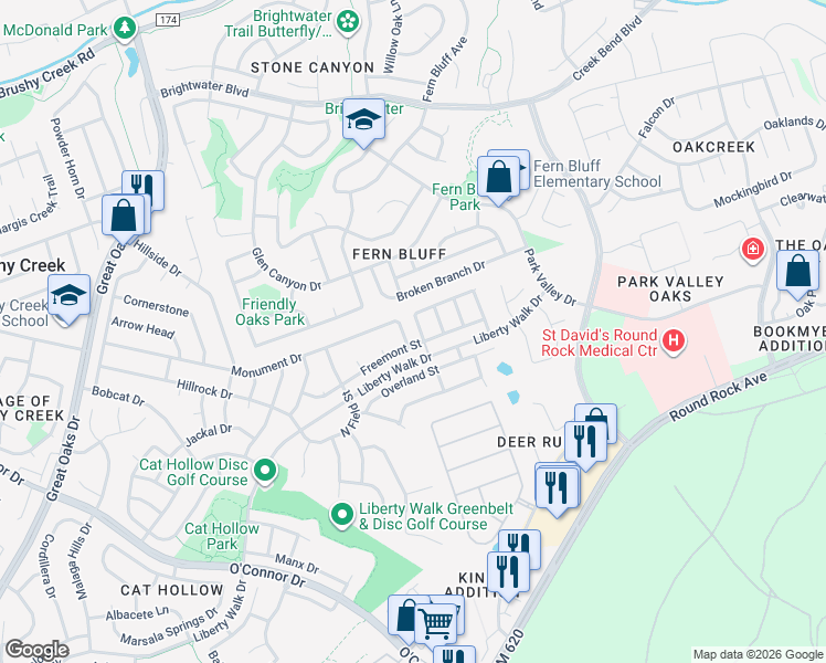 map of restaurants, bars, coffee shops, grocery stores, and more near 204 Valona Loop in Round Rock