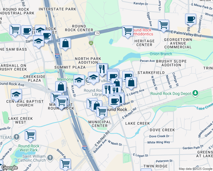 map of restaurants, bars, coffee shops, grocery stores, and more near 408 North Mays Street in Round Rock