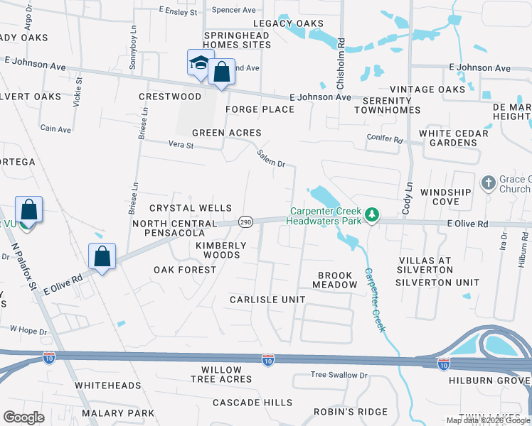 map of restaurants, bars, coffee shops, grocery stores, and more near 500 East Olive Road in Pensacola