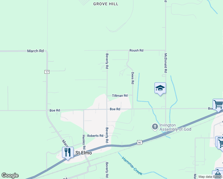map of restaurants, bars, coffee shops, grocery stores, and more near 8680 Alice Way in Irvington