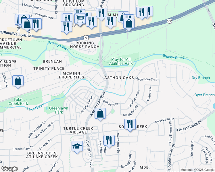 map of restaurants, bars, coffee shops, grocery stores, and more near A W Grimes Boulevard in Round Rock