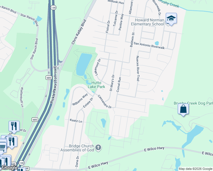 map of restaurants, bars, coffee shops, grocery stores, and more near 105 Lakemont Drive in Hutto
