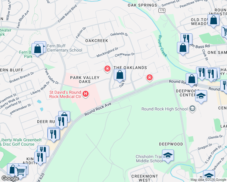 map of restaurants, bars, coffee shops, grocery stores, and more near 503 Oak Park Drive in Round Rock