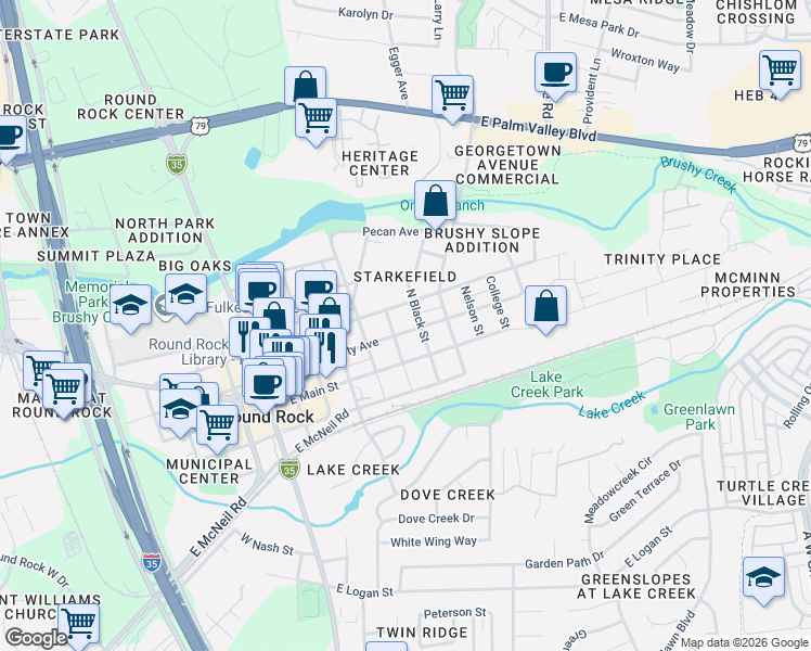 map of restaurants, bars, coffee shops, grocery stores, and more near 207 North Stone Street in Round Rock