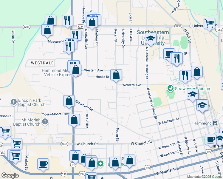 map of restaurants, bars, coffee shops, grocery stores, and more near Chateau Village in Hammond