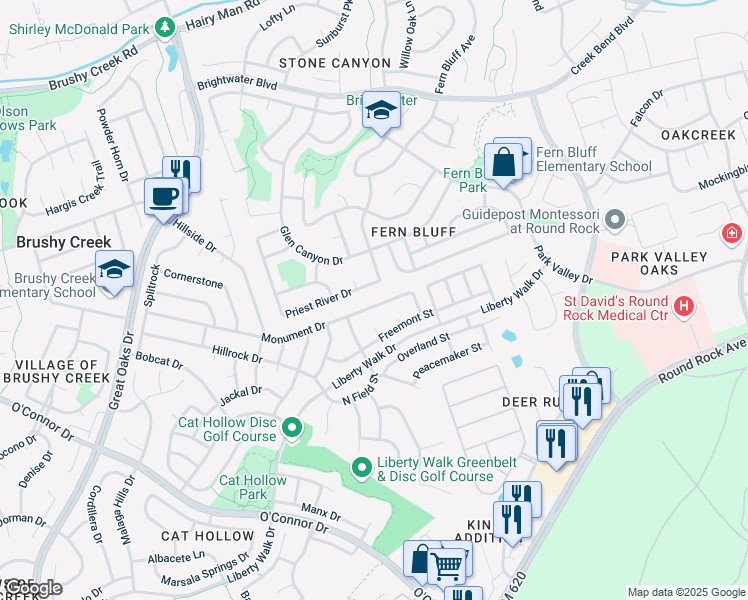 map of restaurants, bars, coffee shops, grocery stores, and more near 3108 Monument Drive in Round Rock