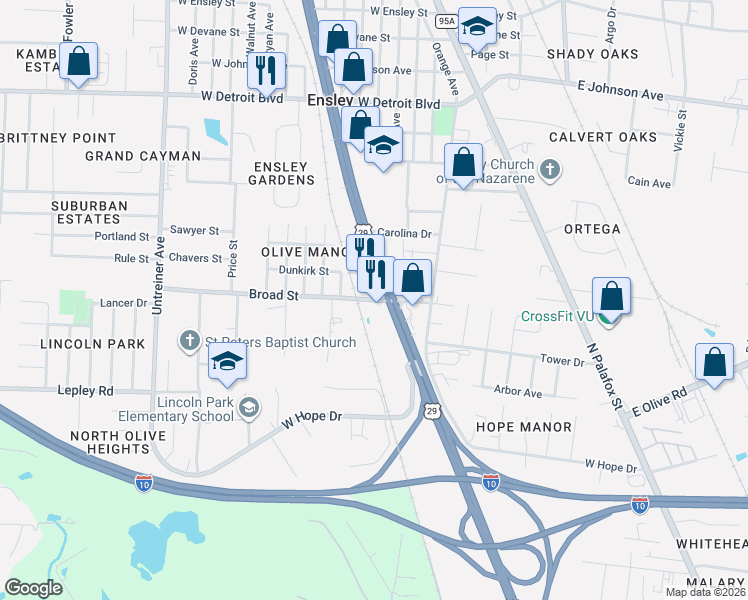 map of restaurants, bars, coffee shops, grocery stores, and more near 524 Broad Street in Pensacola
