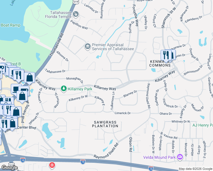 map of restaurants, bars, coffee shops, grocery stores, and more near 2320 Killarney Way in Tallahassee