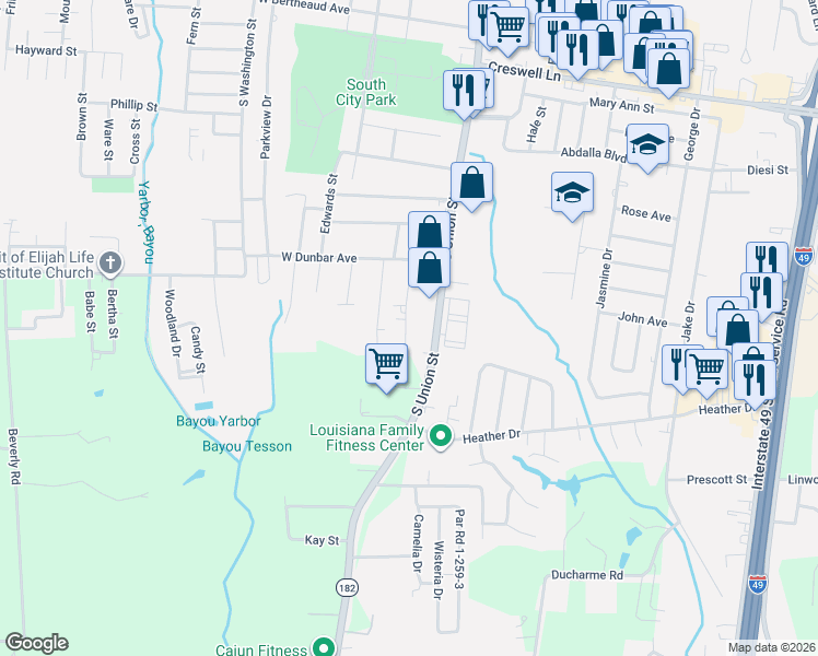 map of restaurants, bars, coffee shops, grocery stores, and more near 2101-2199 Delmas Street in Opelousas