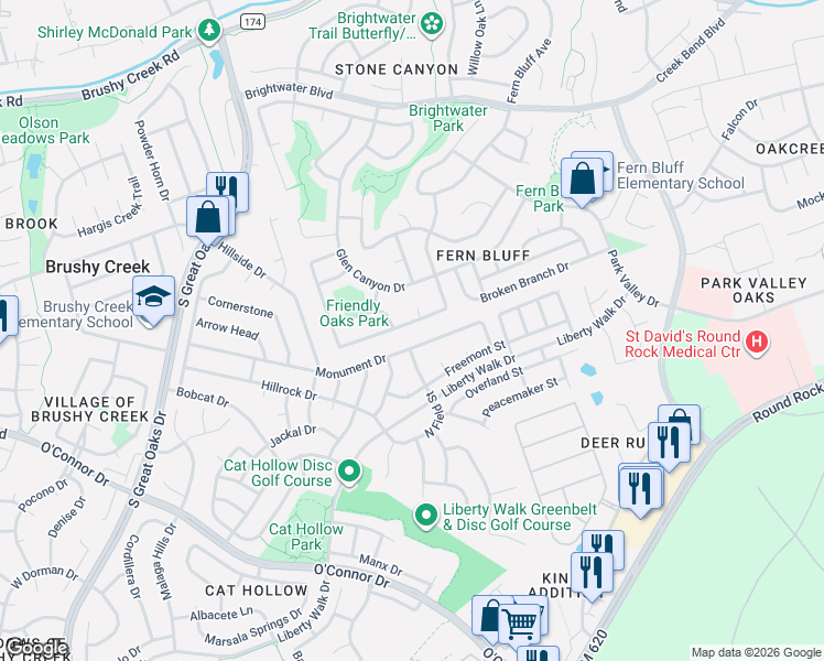 map of restaurants, bars, coffee shops, grocery stores, and more near 17301 Montana Falls Drive in Round Rock