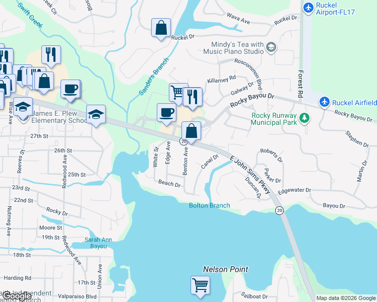 map of restaurants, bars, coffee shops, grocery stores, and more near 1929 Benton Avenue in Niceville