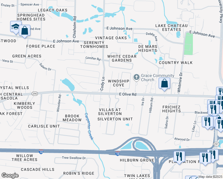 map of restaurants, bars, coffee shops, grocery stores, and more near 8110 Stonebrook Drive in Pensacola