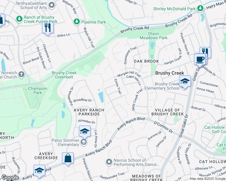 map of restaurants, bars, coffee shops, grocery stores, and more near 16620 Dalmahoy Drive in Austin